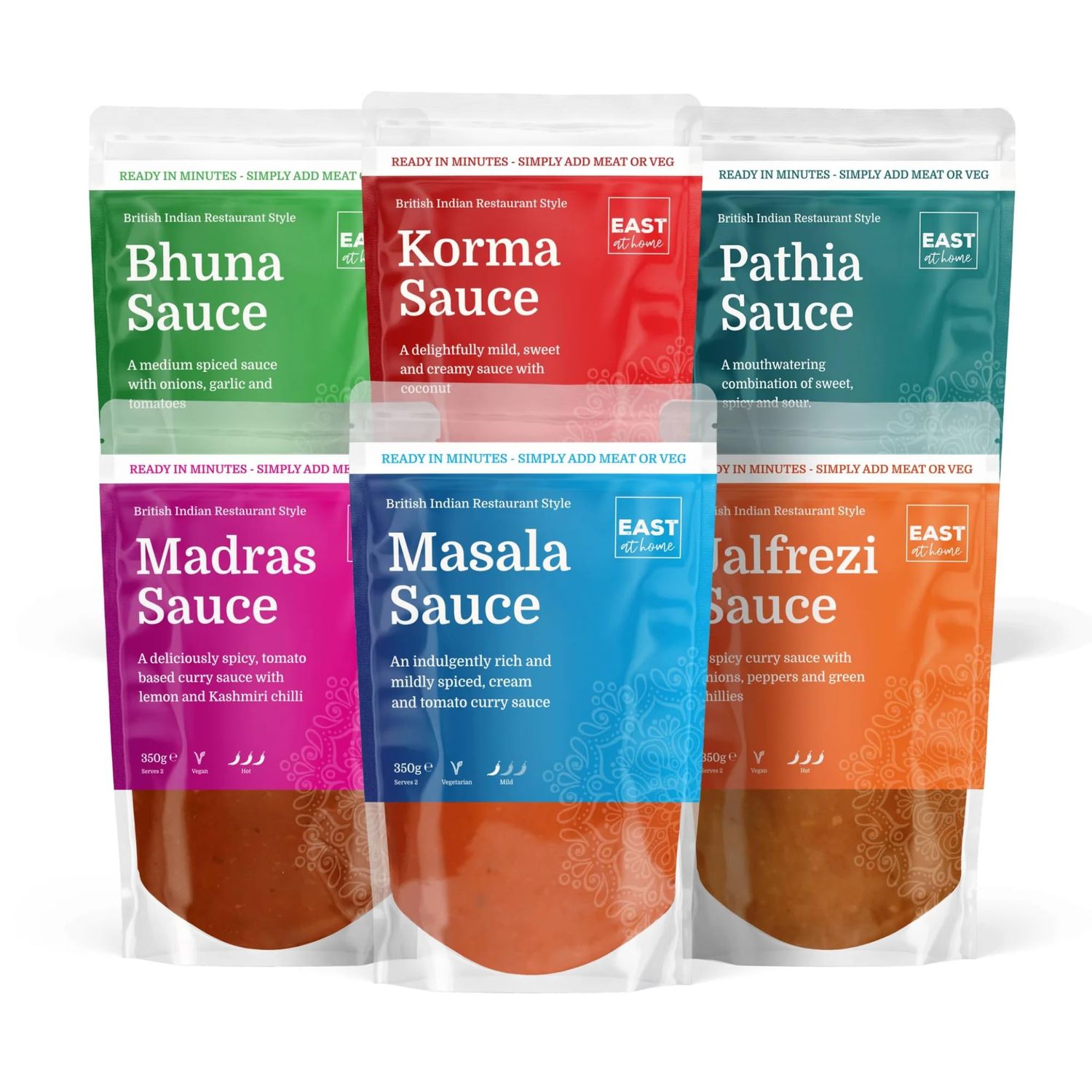 East At Home Curry Sauce - 6 Popular Indian Restaurant Style Sauces (Pack of 6), Net Wt 350g each Madras, Masala, Korma, Jalfrezi, Bhuna, Pathia Heat &amp; Eat Ready in Minutes