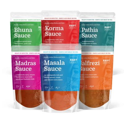 East At Home Curry Sauce - 6 Popular Indian Restaurant Style Sauces (Pack of 6), Net Wt 350g each Madras, Masala, Korma, Jalfrezi, Bhuna, Pathia Heat &amp; Eat Ready in Minutes