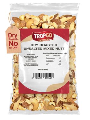 Tropgo Roasted Mixed Nuts Unsalted 500g - Dry Roasted, No Oil Used, Nut Snacks with Fibre, Protein and Minerals - Perfect for Snacking, Includes Almonds, Brazil, Cashews, Peanuts, &amp; Hazelnuts