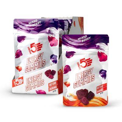 HIGH5 Energy Gummies - Quick Release Carbohydrate Supplements for Running, Cycling, Hiking - 10x26g Portable Resealable Pouches - Natural Vegan Energy Chews with Electrolytes &amp; Vitamin B6, Mixed Berry