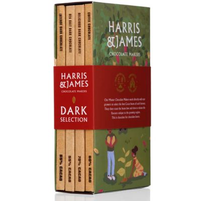 Harris &amp; James Dark Chocolate Bar Library Pack, 4 Flavours of Intense Dark 85%, Delicious Dark 70%, Coffee 60% &amp; Sea Salt 55% (86g Bars)