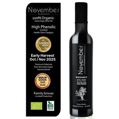 November Polyphenols Olive Oil Extra Virgin - Organic High Phenolic EVOO - Early Harvest - Lab Certified +1200mg/kg High Polyphenol - Cold Pressed Extra Virgin - Greek - 500ml Bottle
