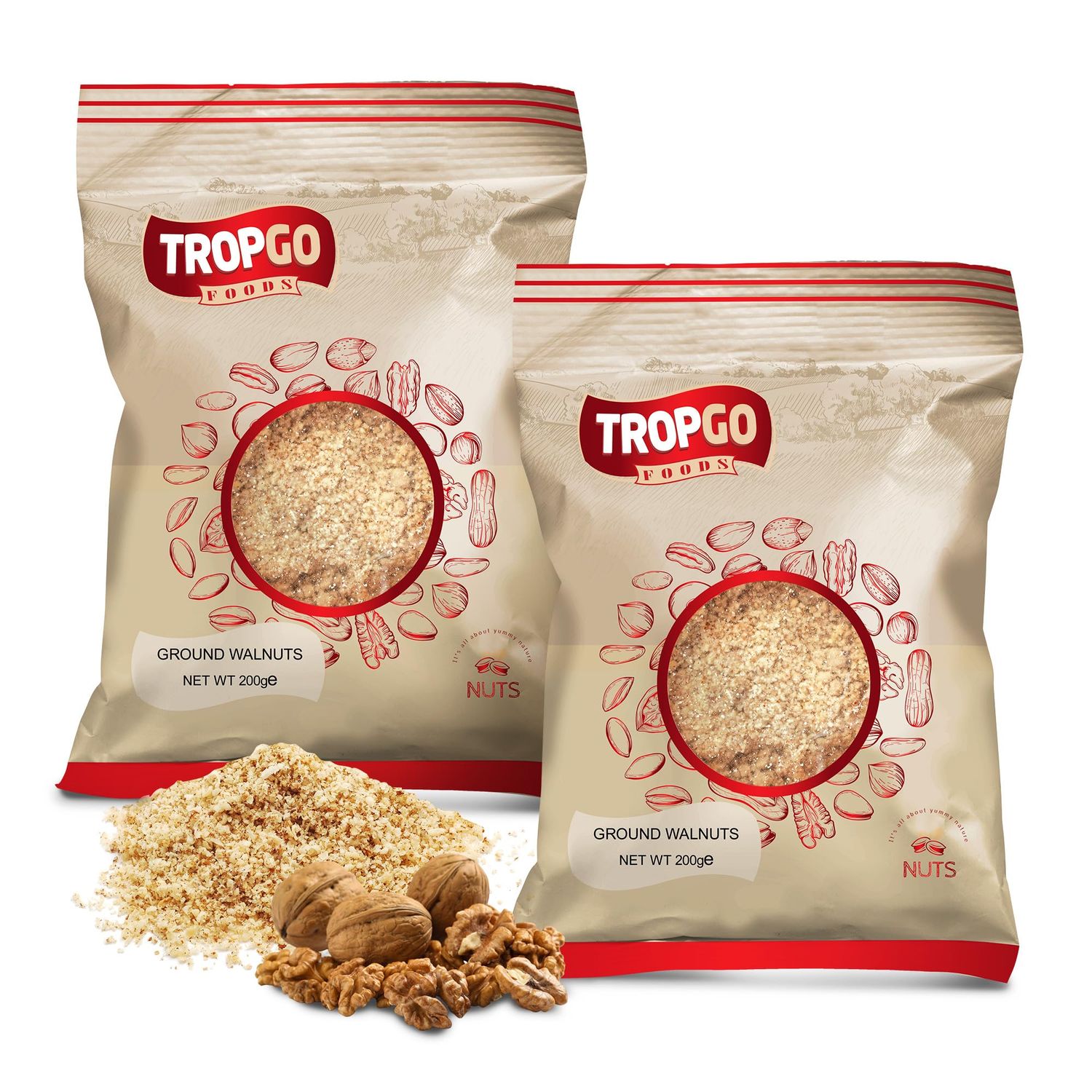 Tropgo Ground Walnuts 2 x 200g - Premium Walnuts in Resealable Bag - Healthy Snacks with Fibre, Protein, and Minerals - Kosher, Ideal for Cooking &amp; Baking