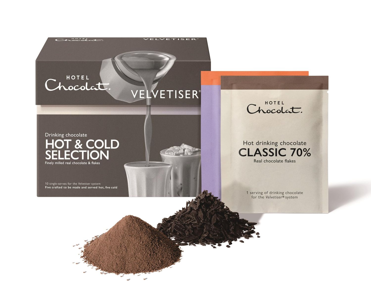 Hotel Chocolat Hot &amp; Cold Drinking Chocolate Selection Box - Luxury Chocolate Flakes - Pack of 10 Single-Serve Sachets, 310g - Suitable for Vegetarians