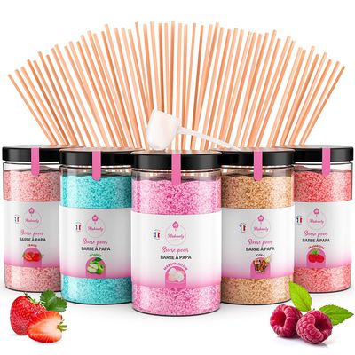 Misskandy®-Candy Floss Sugar Pack (5 300g) (Strawberry, Apple, Marshmallow, Cola, Raspberry) Use in Cotton Candy Maker + 50 Sticks of 30 cm (free)