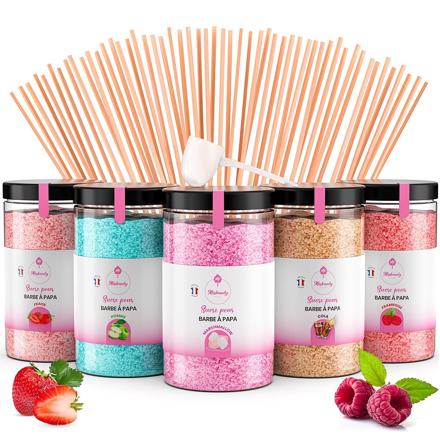 Misskandy®-Candy Floss Sugar Pack (5 300g) (Strawberry, Apple, Marshmallow, Cola, Raspberry) Use in Cotton Candy Maker + 50 Sticks of 30 cm (free)