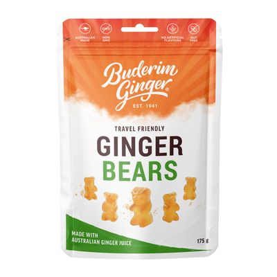 Buderim Ginger Bears 175g - Gummy Bears Made With Real Ginger Resealable Pouch