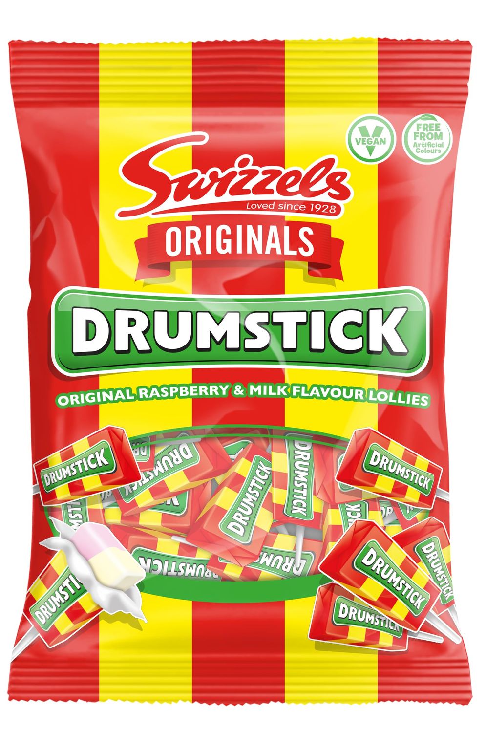 Swizzels ORIGINALS DRUMSTICK LOLLIES 120g - Classic Raspberry &amp; Milk Flavour Swizzels Lollies - Individually Wrapped Drumstick Sweets, Vegan Candy for Sharing, Treat Jars &amp; Party Bags