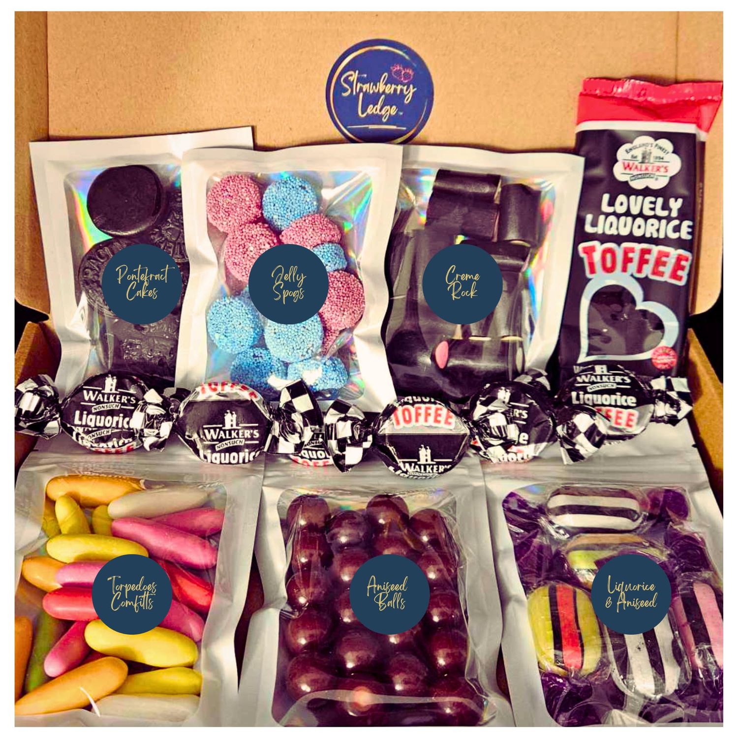 Liquorice Sweets Gift Box Liquorice Torpedoes, Pontefract Cakes, Aniseed Balls, Jelly Spogs, Cream Rock, Licorice &amp; Aniseed Sweets, Toffees &amp; Bar Pick n Mix Bags