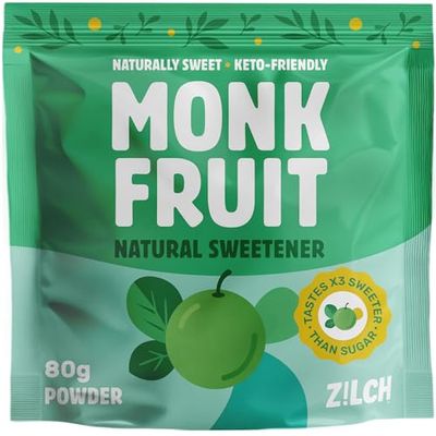 zilch Monk Fruit Sweetener, Natural Sweetener &amp; Sugar Subsitute, Powder, 80g Bag