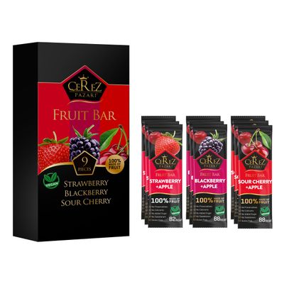 Cerez Pazari Dried Fruit Roll Ups, 25g x 9 pack Snacks Variety Pack for Adults and Kids, Healthy Vegan Real Fruit Bars, Snacks with Strawberry, Blackberry and Sour Cherry