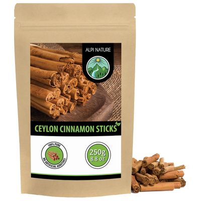 Alpi Nature Ceylon Cinnamon Sticks 250g 8.8 oz, Cinnamon Sticks 80mm, Approx. 29-31 per Bag