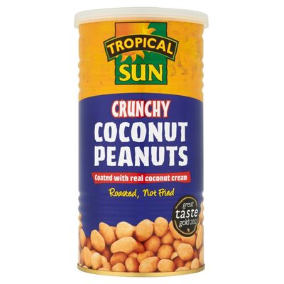 Tropical Sun Crunchy Coconut Coated Peanuts 330g (Pack of 6) Roasted with Real Coconut Cream for a Sweet Nutty Bite Halal, Vegetarian Friendly Tin Keeps Peanuts Fresh and Crispy for Longer