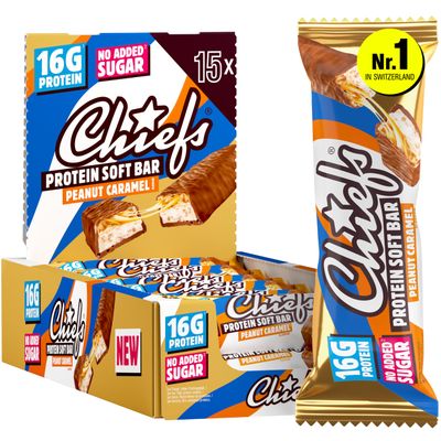 CHIEFS Protein Bars 55g - High Protein, Low Sugar - 15 Healthy Snack Bars - Delicious Peanut Caramel Taste - On the Go Breakfast or Post-Workout Snack - Sugar Free Chocolate Nutrition Bar