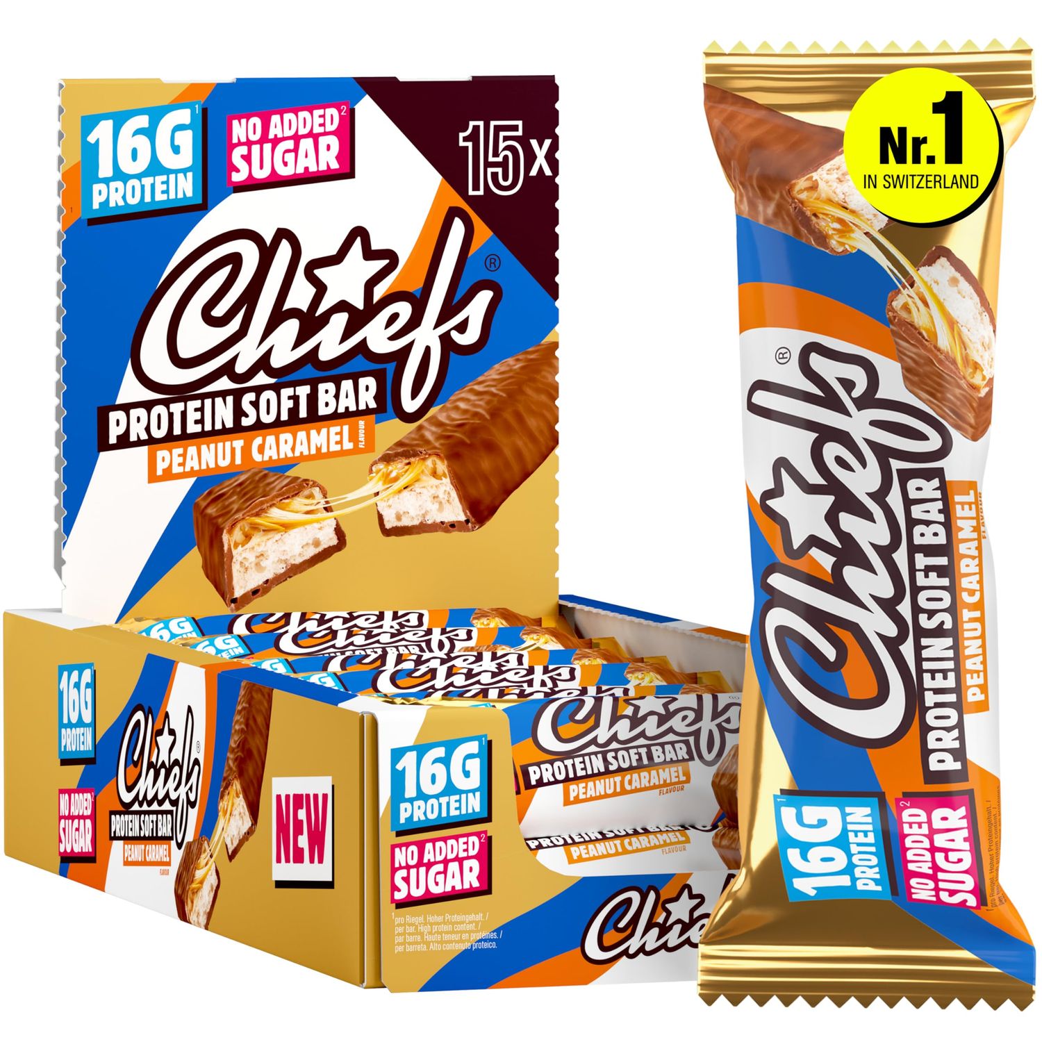 CHIEFS Protein Bars 55g - High Protein, Low Sugar - 15 Healthy Snack Bars - Delicious Peanut Caramel Taste - On the Go Breakfast or Post-Workout Snack - Sugar Free Chocolate Nutrition Bar
