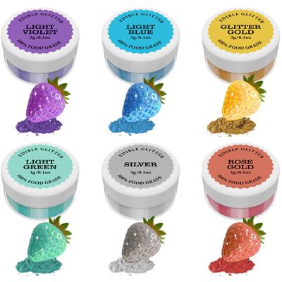 Edible Glitter - 6 Colours 100% Luster Dust Edible, Shimmer Dust Food Colouring Powder for Cake Decorations, Buttercream, Drink, Cocktails, Fondant (3g Each)