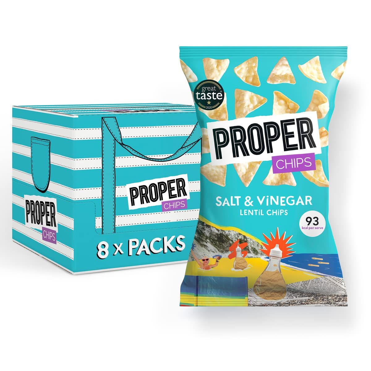 PROPERCHIPS - Salt &amp; Vinegar Lentil Chips, Vegan, Gluten Free Snacks, Sharing Bags 85g (8 Packs)