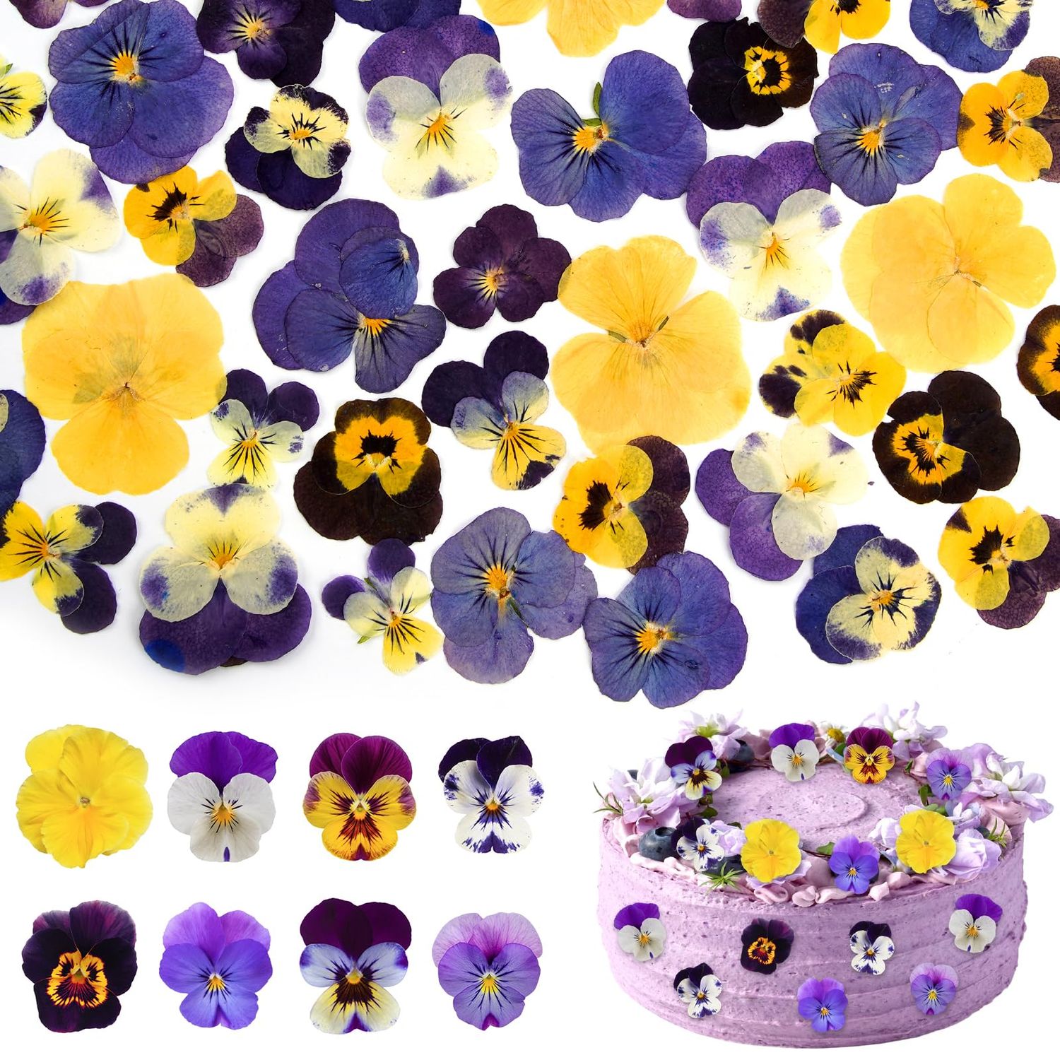 56Pcs 8 Types Naturally Dried Pressed Edible Flowers, Mixed Tricolour Viola for Cake Toppers Decorating Cocktails, DIY Crafts
