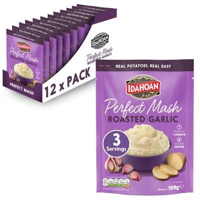 Idahoan Roasted Garlic Mash Potato Pack of 12 - Gluten Free Vegetarian Mash Potatoes Cooks in 1 Minute Ready to Eat Food Roasted Garlic Bulk