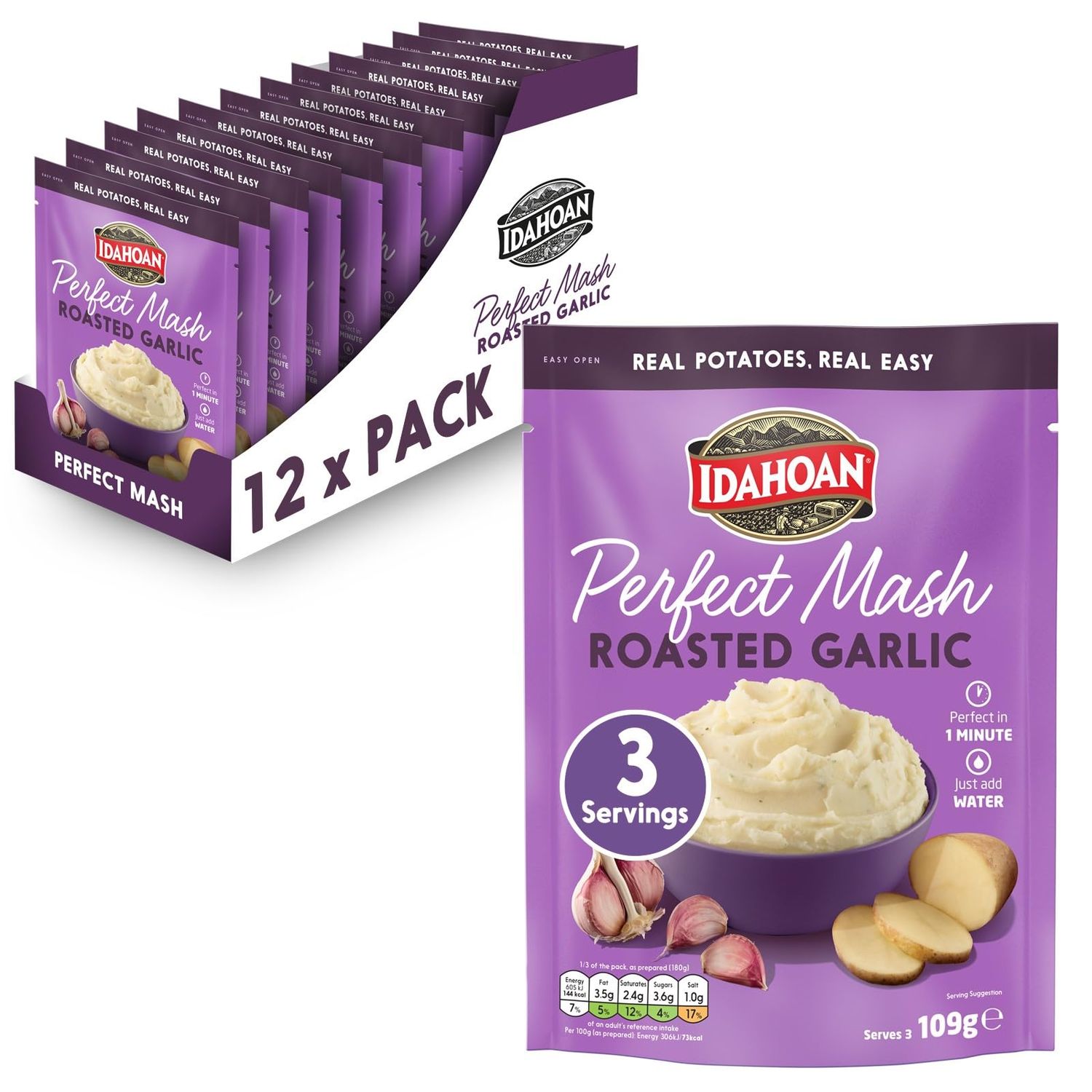 Idahoan Roasted Garlic Mash Potato Pack of 12 - Gluten Free Vegetarian Mash Potatoes Cooks in 1 Minute Ready to Eat Food Roasted Garlic Bulk