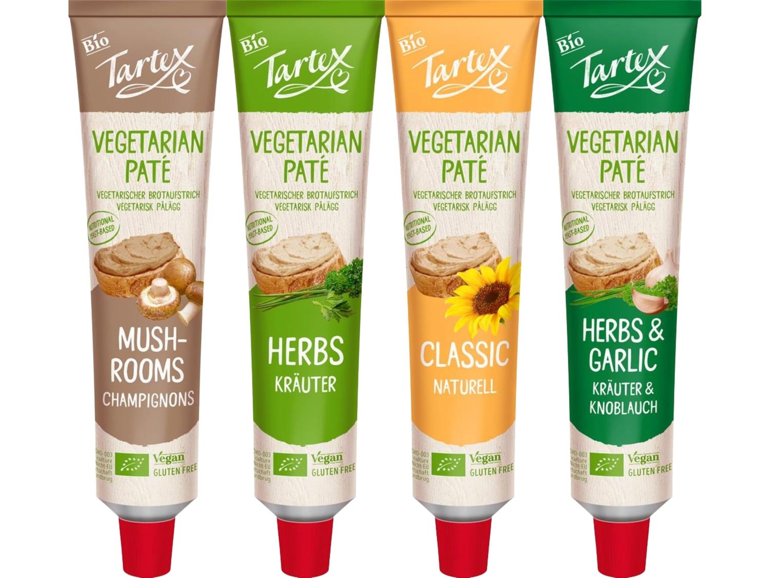 Tartex Organic Vegetarian Pate Mixed Flavour Pack 4 x 200g (1 of Each) - Classic, Herbs, Herb &amp; Garlic &amp; Mushroom Nutritional Yeast Spreads From SuperfoodUK