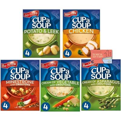 Batchelors Cup a Soup Variety Pack - Potato &amp; Leek, Chicken, Minestrone, Cream of Vegetable, Cream of Asparagus - 20 Servings, 5 Flavors, Total 521g