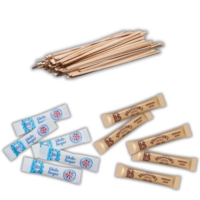 300 Pack - 100 SilverSpoon White Sugar Sachets, 100 Billington's Brown Sugar Sachets, 100 Wooden Coffee Stirrers Individually Wrapped Sugar Sticks &amp; Stirrers Set Espresso Yourself