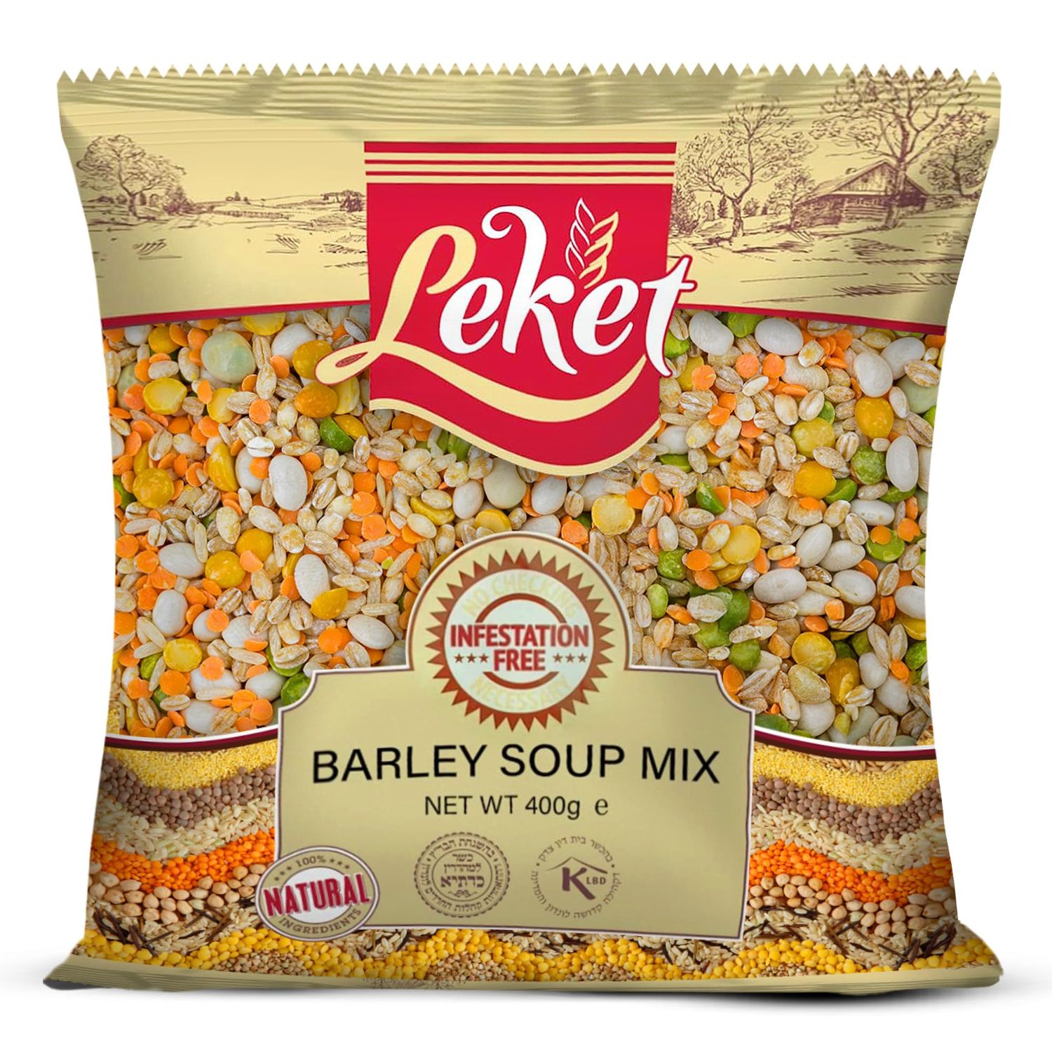 Leket Barley Soup Mix 400g - Hearty Blend of Pearl Barley, Haricot Beans, Green &amp; Yellow Split Peas, and Red Lentils for Delicious Homemade Soups
