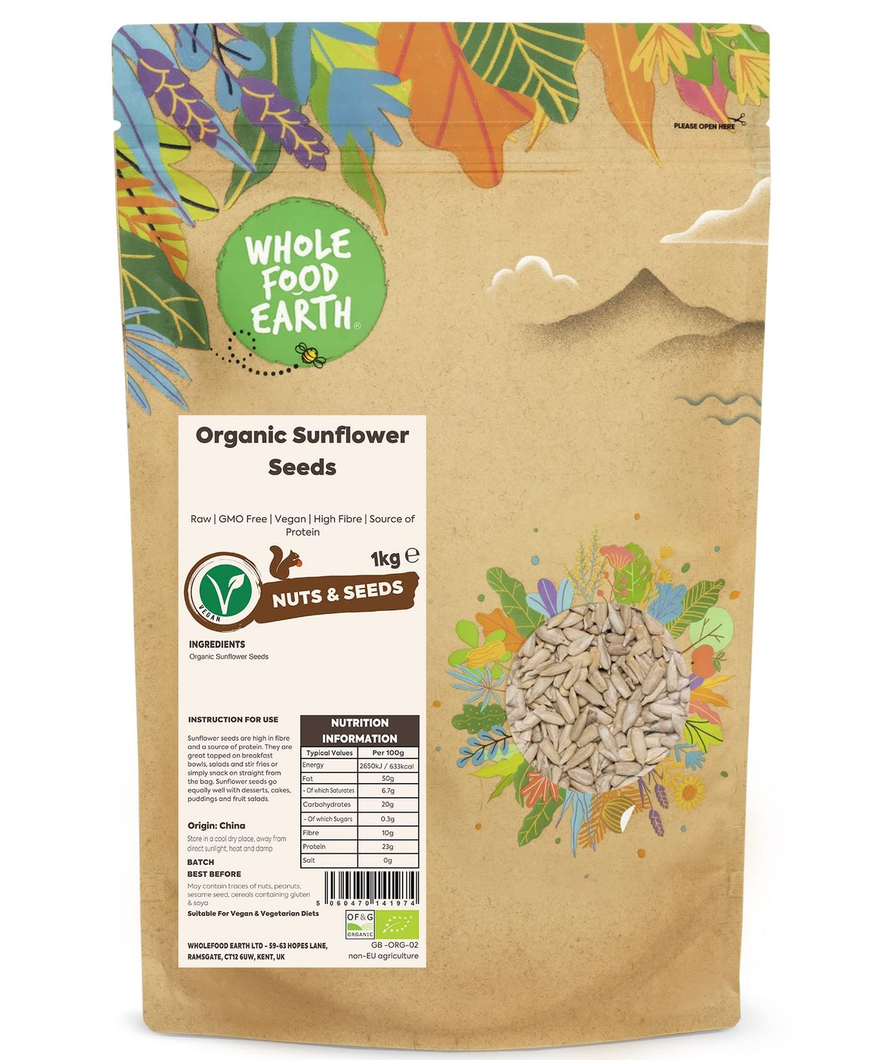 Wholefood Earth Organic Sunflower Seeds 1kg Raw GMO Free Vegan High Fibre Source of Protein Certified Organic