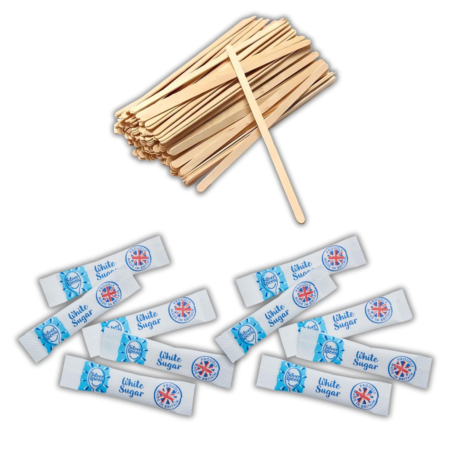 200 White Sugar Sticks &amp; 100 Wooden Coffee Stirrers, Disposable &amp; Eco-Friendly 140mm - Silverspoon Sugar Sachets, Granulated Sugar, Stirring Sticks for Hot Drinks - Espresso Yourself