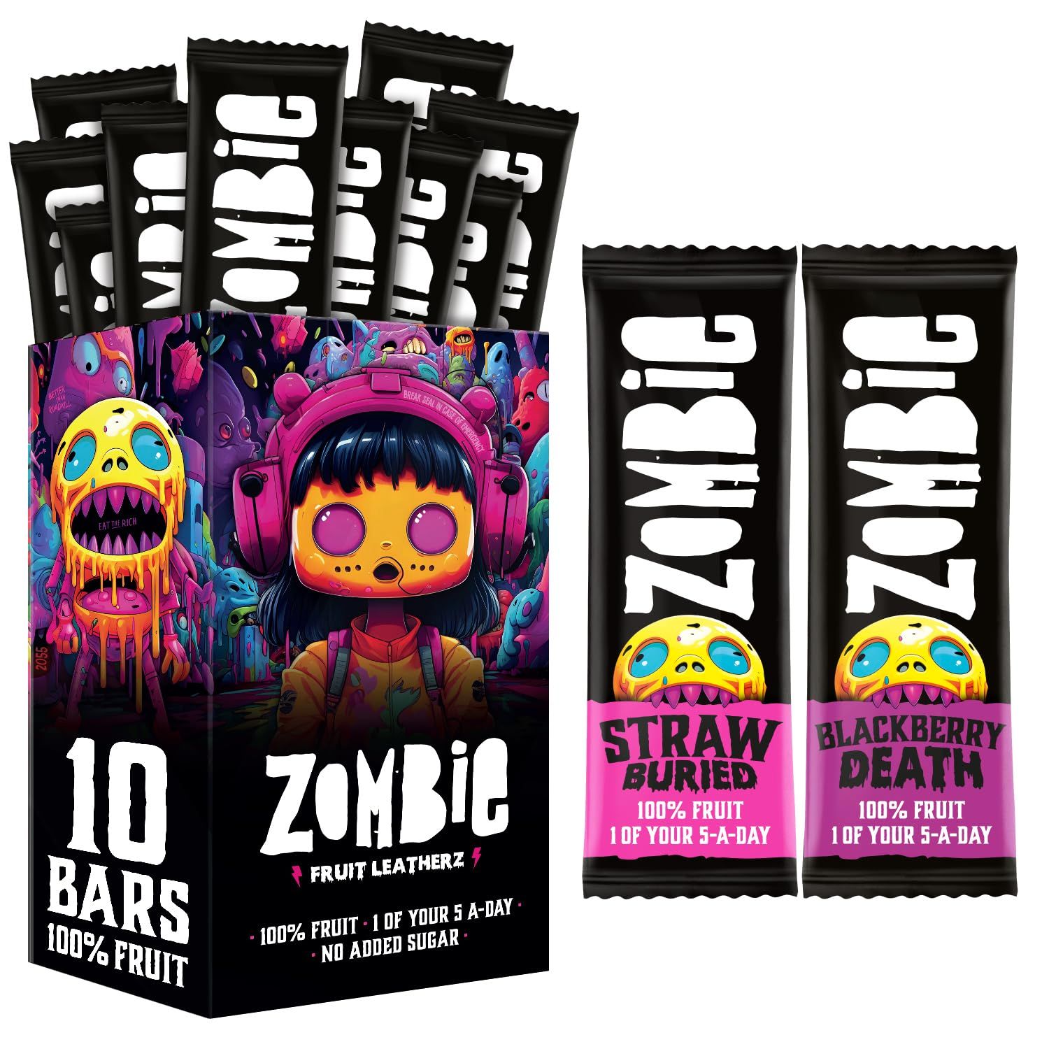 Zombie Fruit Bars, Strawberry &amp; Blackberry (10 Bars, 2 Flavours), 100% Dried Fruit, Healthy Snacks, Adults, Kids, Office, Low Calorie, Gluten Free, Vegan, Halal, Bulk, Real Fruit, No Added Sugar