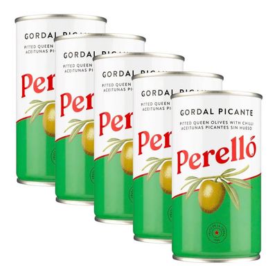Perelló Gordal Picante Pitted Olives - 350g (150g Drained), Pack of 5, Spicy Spanish Green Olives Pitted