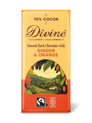 Divine 70% Cocoa Dark Chocolate with Ginger & Orange 90g Bar - Fairtrade Dark Chocolate - Warming Ginger & Zesty Orange Pieces - Ethical Premium Chocolate