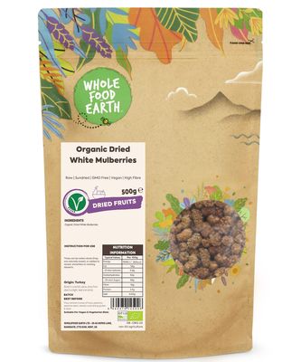 Wholefood Earth Organic Dried White Mulberries - 500 g Raw Sundried GMO Free Vegan High Fibre Certified Organic
