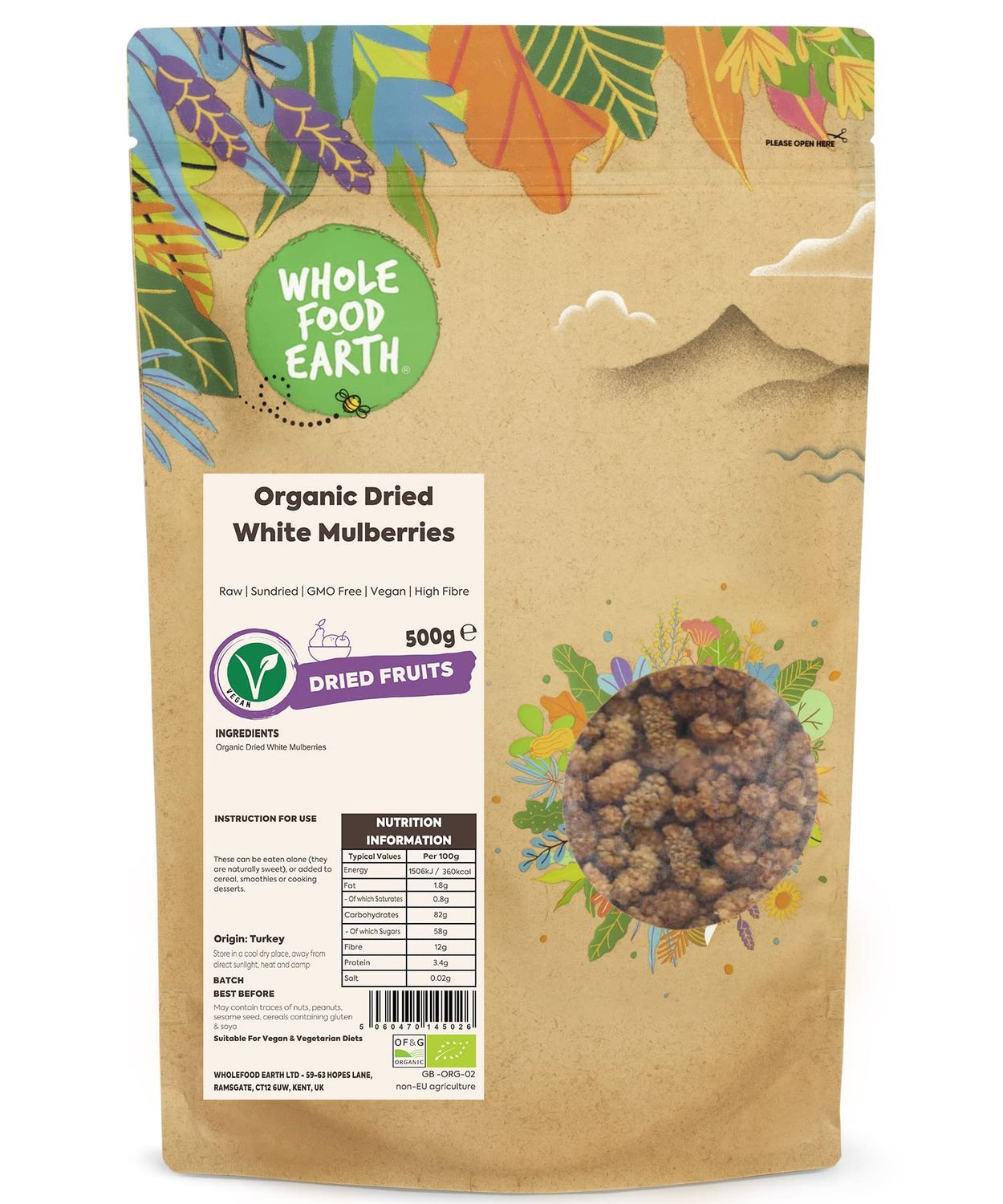 Wholefood Earth Organic Dried White Mulberries - 500 g Raw Sundried GMO Free Vegan High Fibre Certified Organic