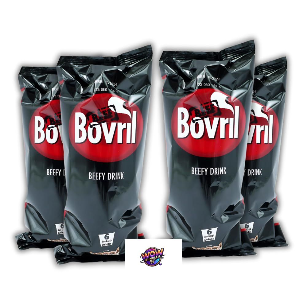 Bundle of 4 Bovvril Beef Flavoured Instant In-Cup Drink (6 Pack per Box, 24 Drinks) - Rich &amp; Savoury Beef Broth for Quick Enjoyment