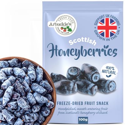 Arbuckle's Freeze Dried Honeyberry Whole Fruit Snack 100g Nutritious and Healthy Honeyberries Direct from Farm Shop, Natural, for Baking, Breakfast Cereal Topper, Yogurt, Cake Decorations
