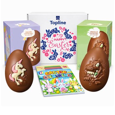 Easter Chocolate Eggs Hamper for Easter Gifts - Milk Chocolate Unicorn &amp; Dinosaur 151g Easter Eggs with Colouring Book. Great Chocolate Hamper for Gifts, Egg Hunts