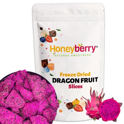 Freeze Dried Dragon Fruit Slices 100g - Dehydrated from Frozen Red Pitaya Chips - Edible Tropical Superfood Chunks for Snacking, Cocktail Garnish, Smoothie or Making of Fresh Pink Dragon Fruit Powder