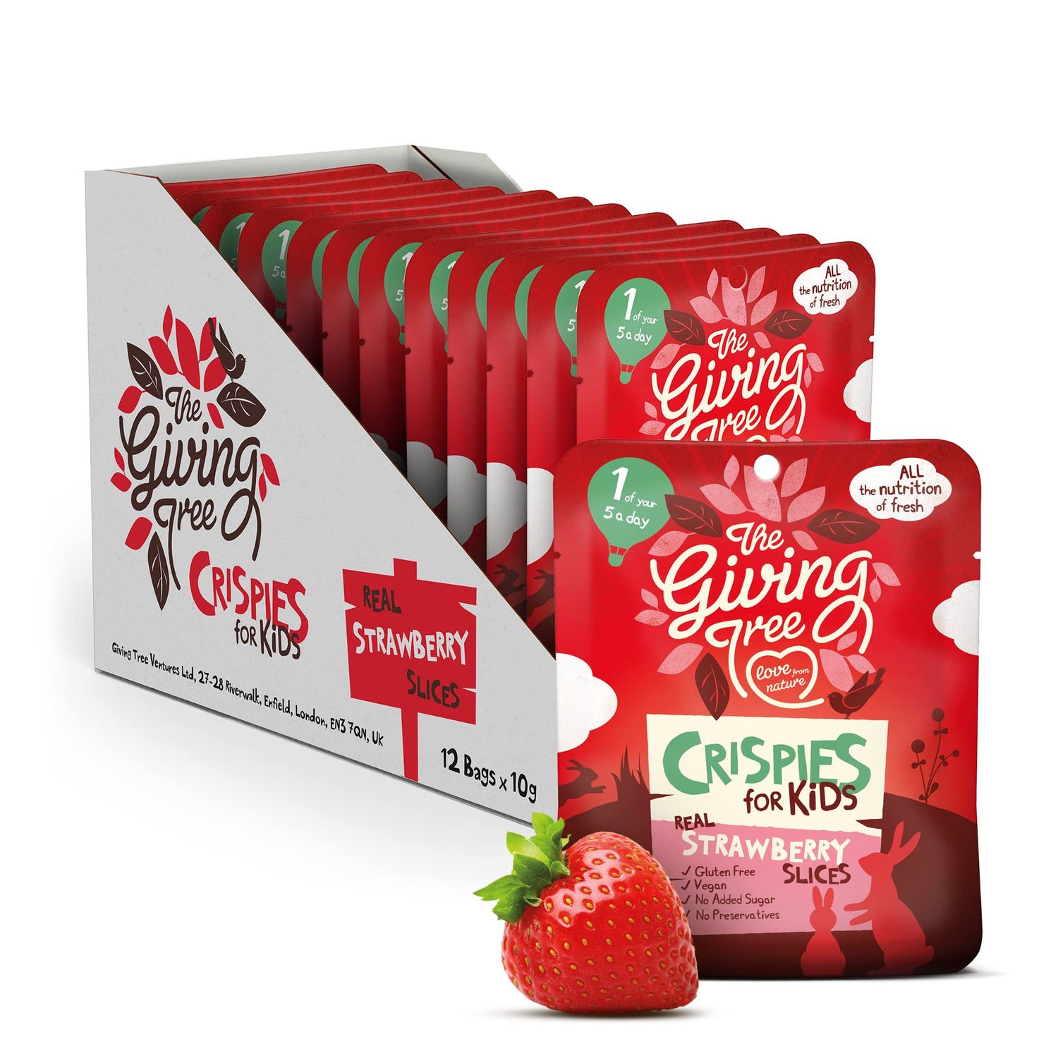The Giving Tree Freeze Dried Fruit - NEW KIDS Crispies - No Added Sugar, Vegan &amp; Gluten Free - Healthy Snacks For Kids (Strawberry) Pack of 12