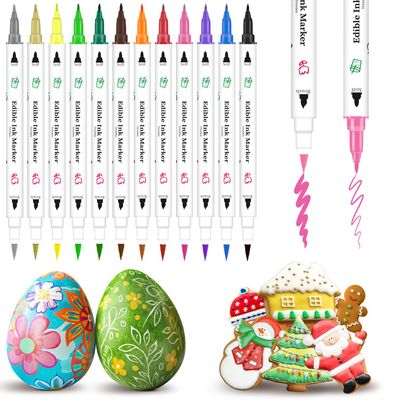 Food Colouring Pen,12pcs Edible Markers Icing Pens Double Side Food Grade Edible Pens for Cake Decorating with Fine&Thick Tip,Gourmet Writer for Cookies,Fondant,Desserts,Easter Eggs(For 14+ Year Old)