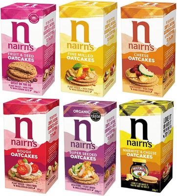 Nairn's Oatcakes Variety Pack - Cheese/Fruit &amp; Seed/Fine Milled/Super Seeded/Rough/Marmite and Cheese - Pack of 6