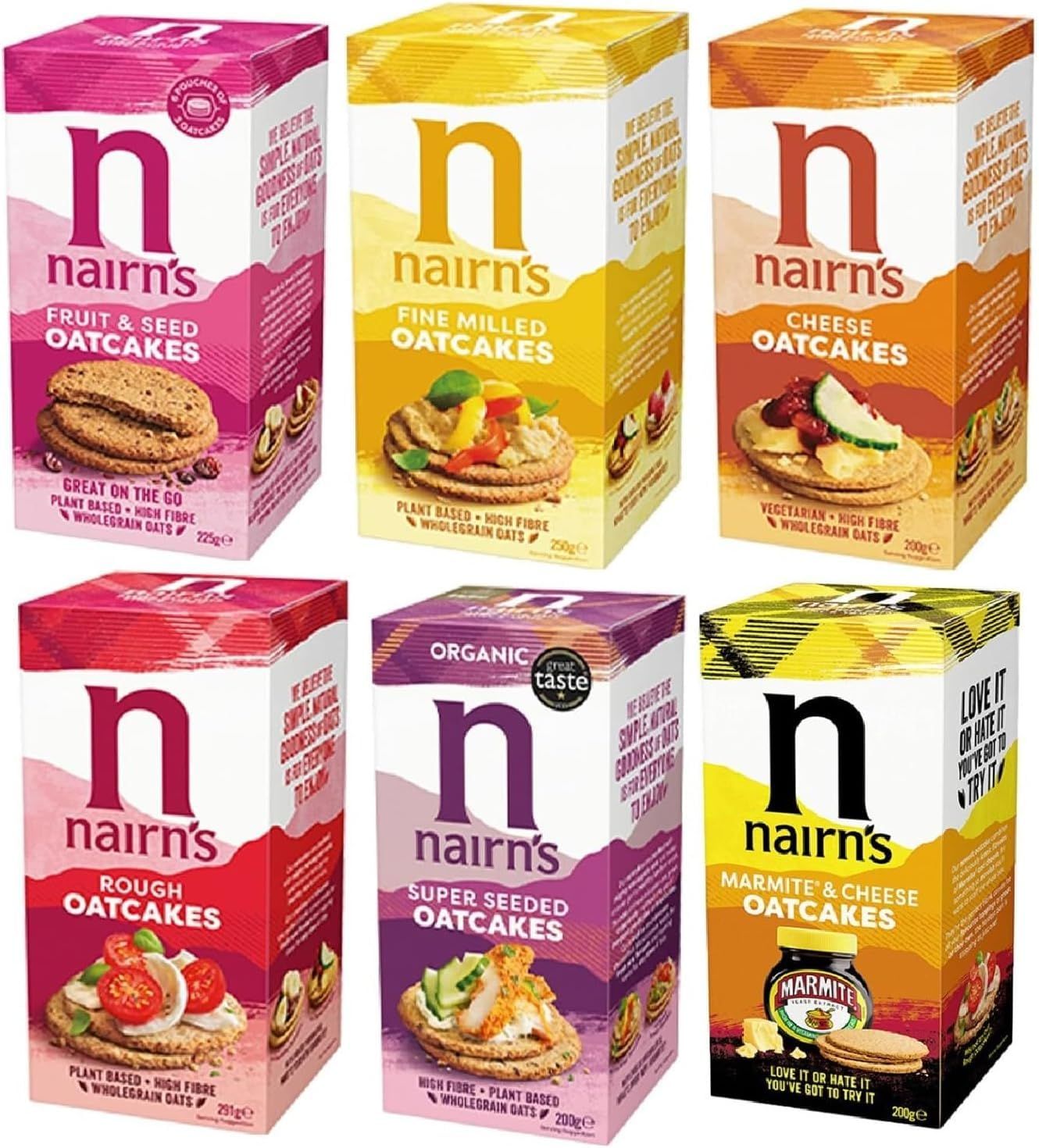 Nairn's Oatcakes Variety Pack - Cheese/Fruit &amp; Seed/Fine Milled/Super Seeded/Rough/Marmite and Cheese - Pack of 6