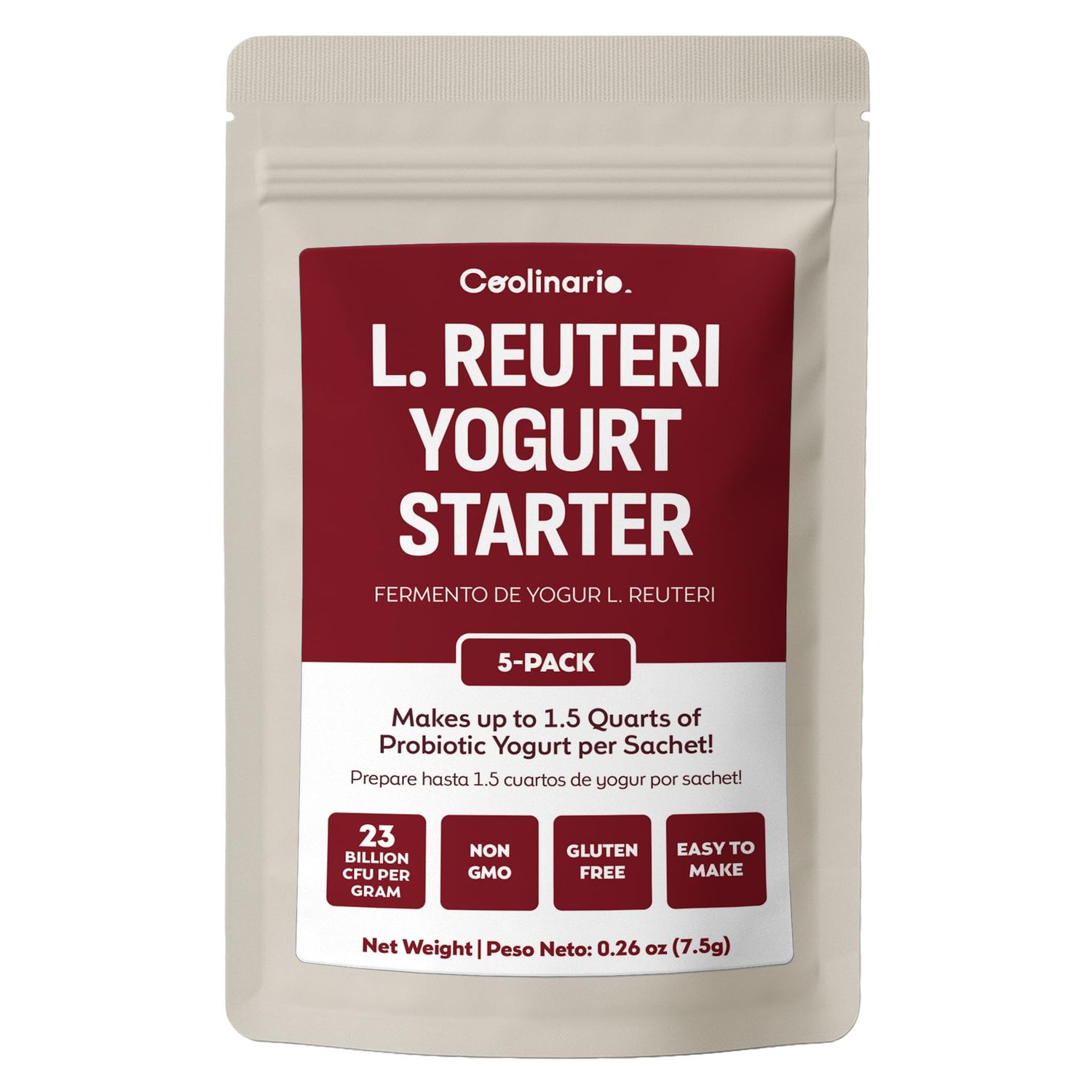 Coolinario L Reuteri Yogurt Starter (5-Pack, 1.5g Sachets) Yoghurt Starter Culture with Lactobacillus Reuteri Probiotics Creamy &amp; Delicious Non-GMO, No Preservatives, Gluten Free
