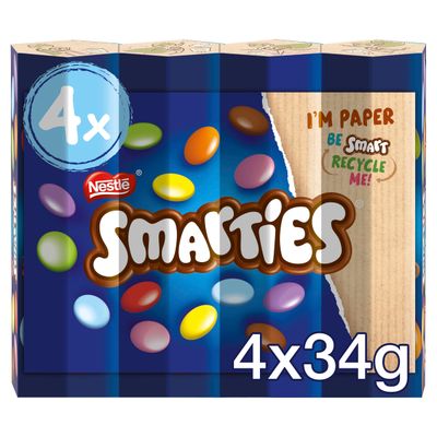 Smarties Milk Chocolate Sweets Tube Multipack 4 x 38g Colourful Candy-Coated Chocolate in Iconic Tubes Fun Treat for All Ages