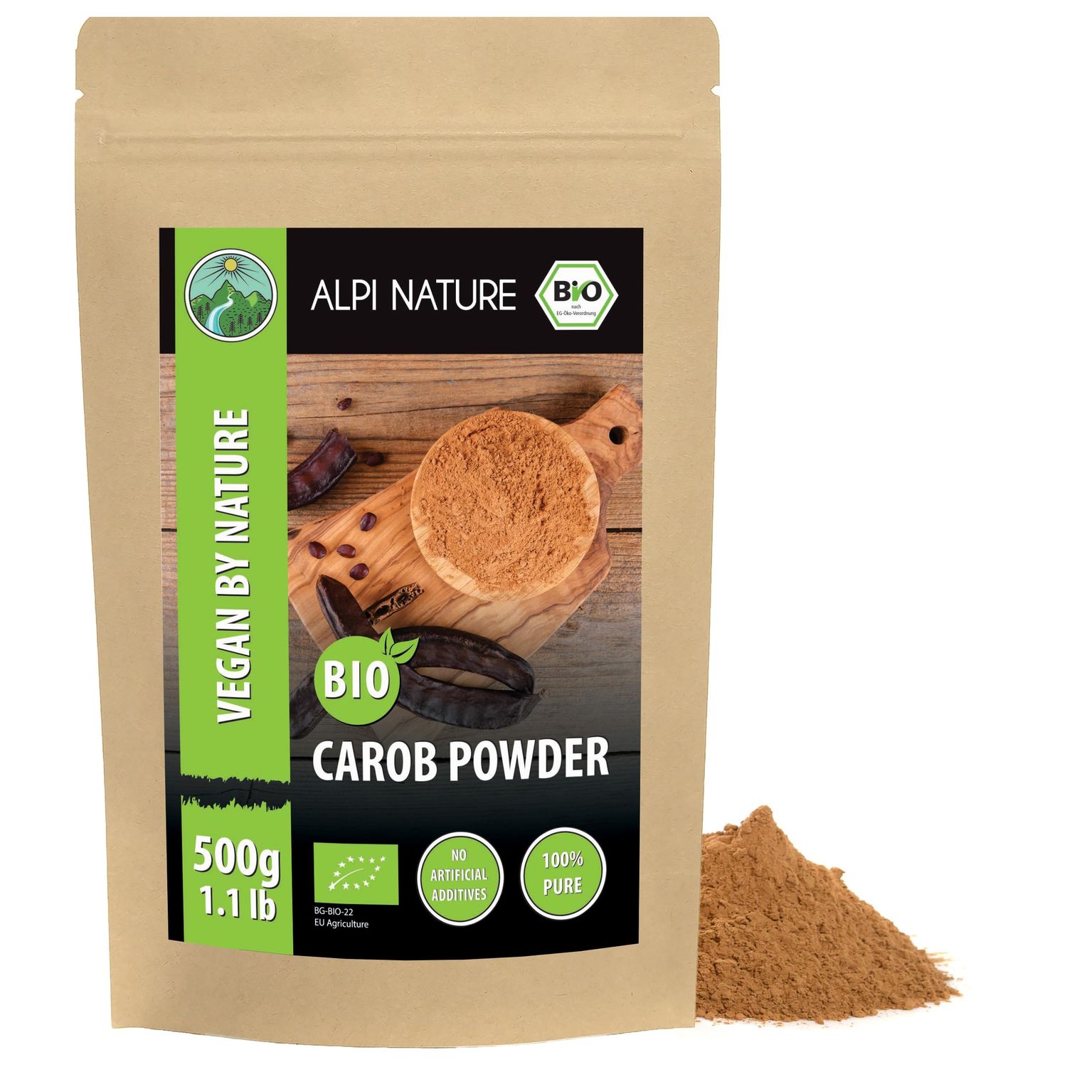 Alpi Nature Organic Carob Powder 500g 1.1 lb, Dried and Ground Carob Pods, Natural Sweetener for Baking