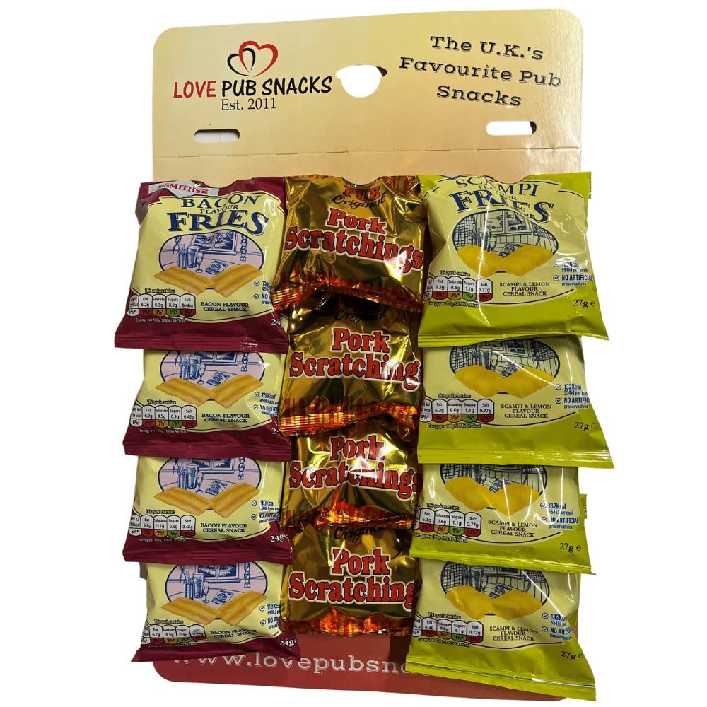 Traditional Pub Snacks Pub Card Including Pork Scratching, Bacon &amp; Scampi Fries (Card of 12)