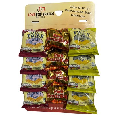 Traditional Pub Snacks Pub Card Including Pork Scratching, Bacon &amp; Scampi Fries (Card of 12)