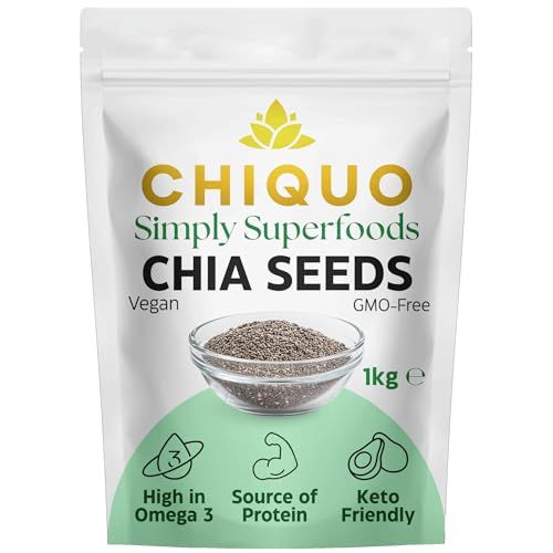 Chiquo Chia Seeds 1kg Vegan &amp; GMO-Free High in Protein, Omega-3 &amp; Fibre Keto Friendly Superfood Resealable Pack Ideal for Smoothies, Baking &amp; Meal Prep