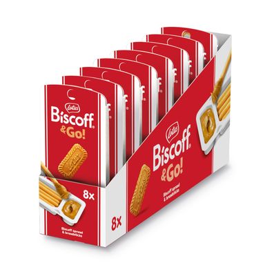 Lotus Biscoff &amp; Go, Sweet Spread &amp; Breadstick Snack, Caramelised Biscuit Flavour, Vegan, No Colours or Added Flavours, 8x45g, 360g